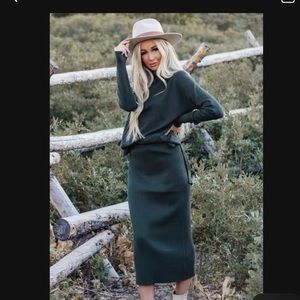 Green Ribbed Sweater and Skirt Set